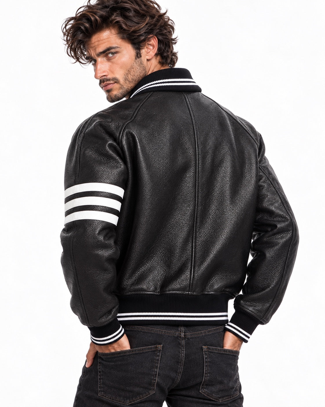 Men's black leather varsity jacket back three-quarter view