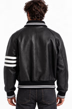 Men's black leather varsity jacket back view
