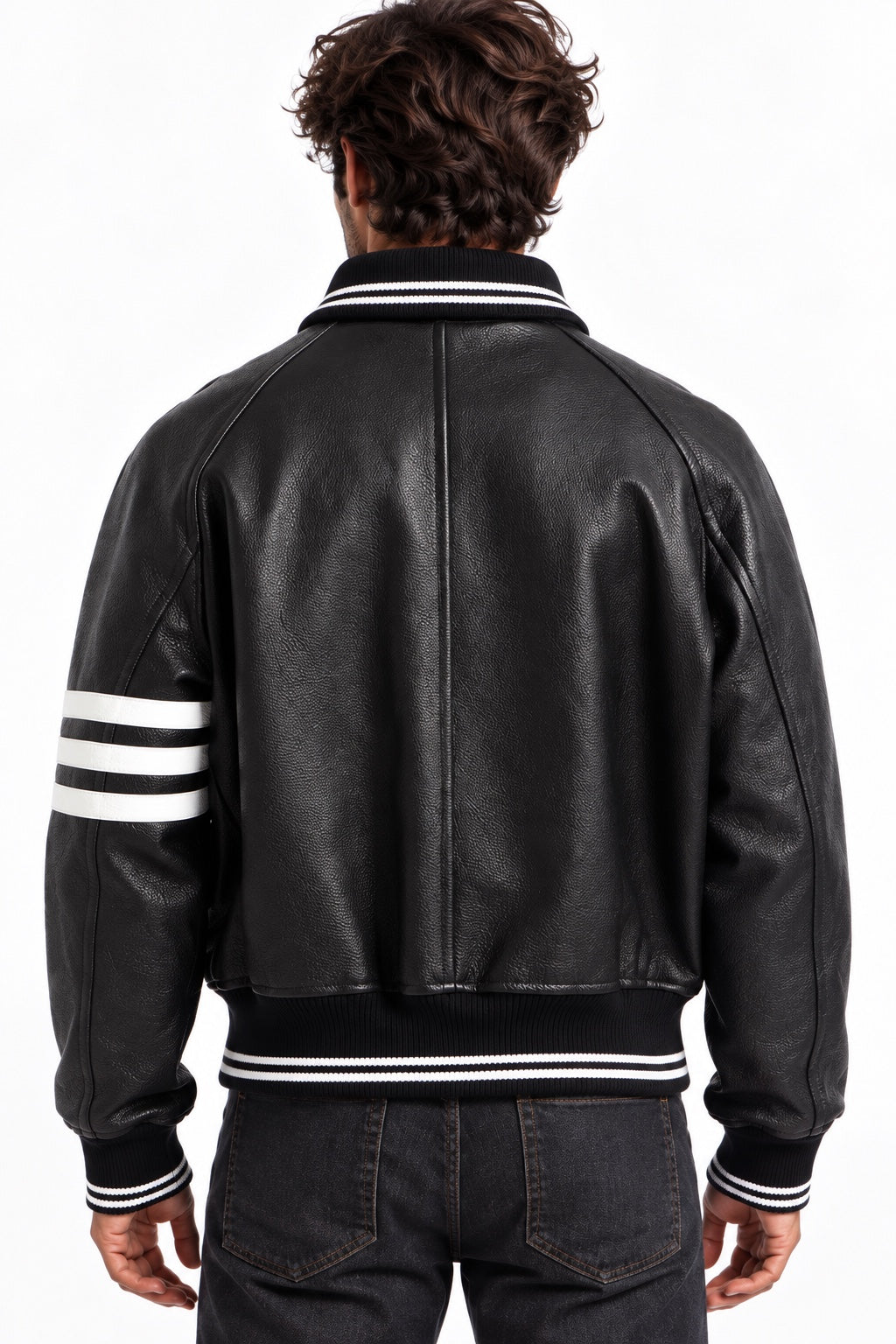 Men's black leather varsity jacket back view