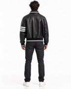 Men's black leather varsity jacket full back view