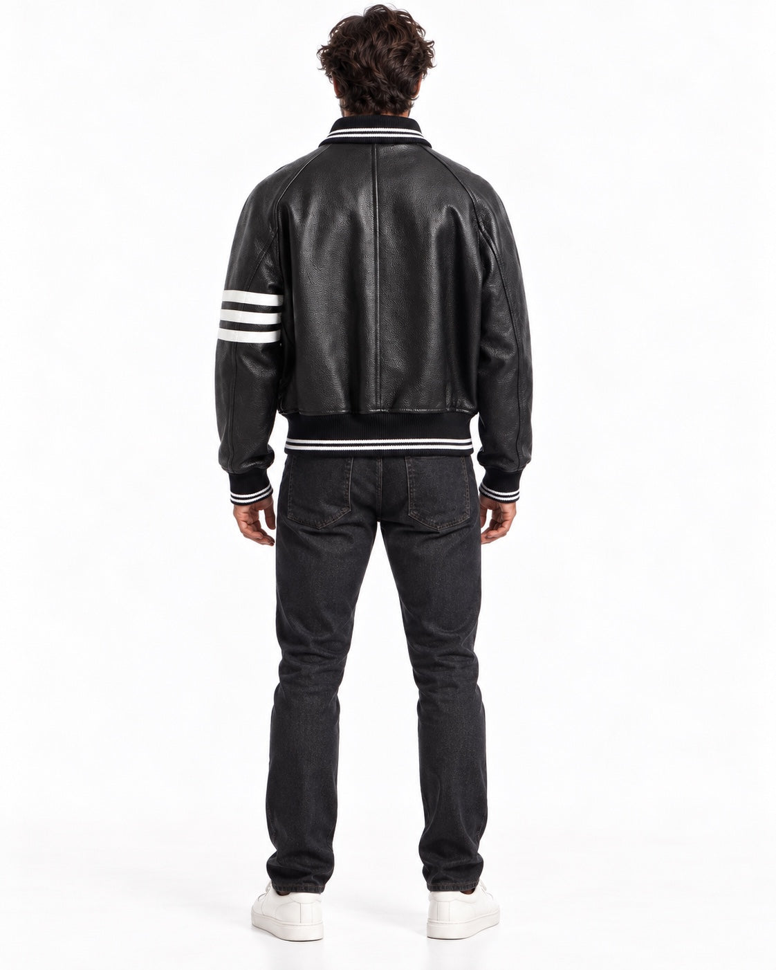 Men's black leather varsity jacket full back view