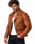 ROVIK men's cognac sheep leather moto jacket three-quarter view