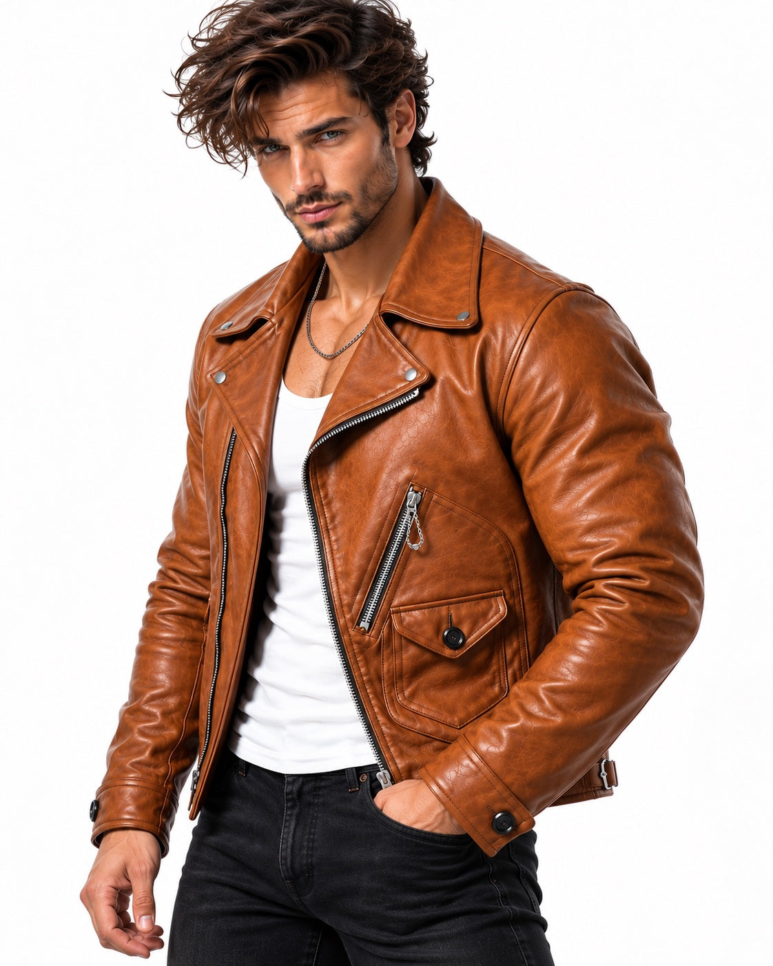 ROVIK men's cognac sheep leather moto jacket three-quarter view