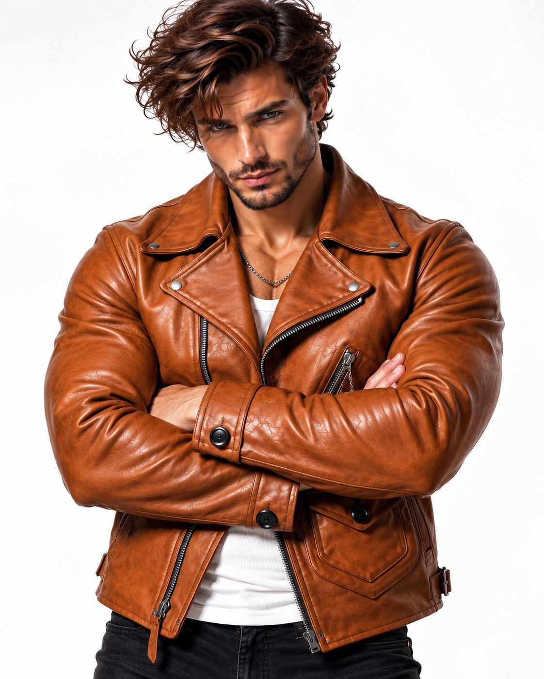 ROVIK men's cognac sheep leather moto jacket arms folded front view