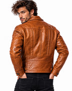 ROVIK men's cognac sheep leather moto jacket back three-quarter view