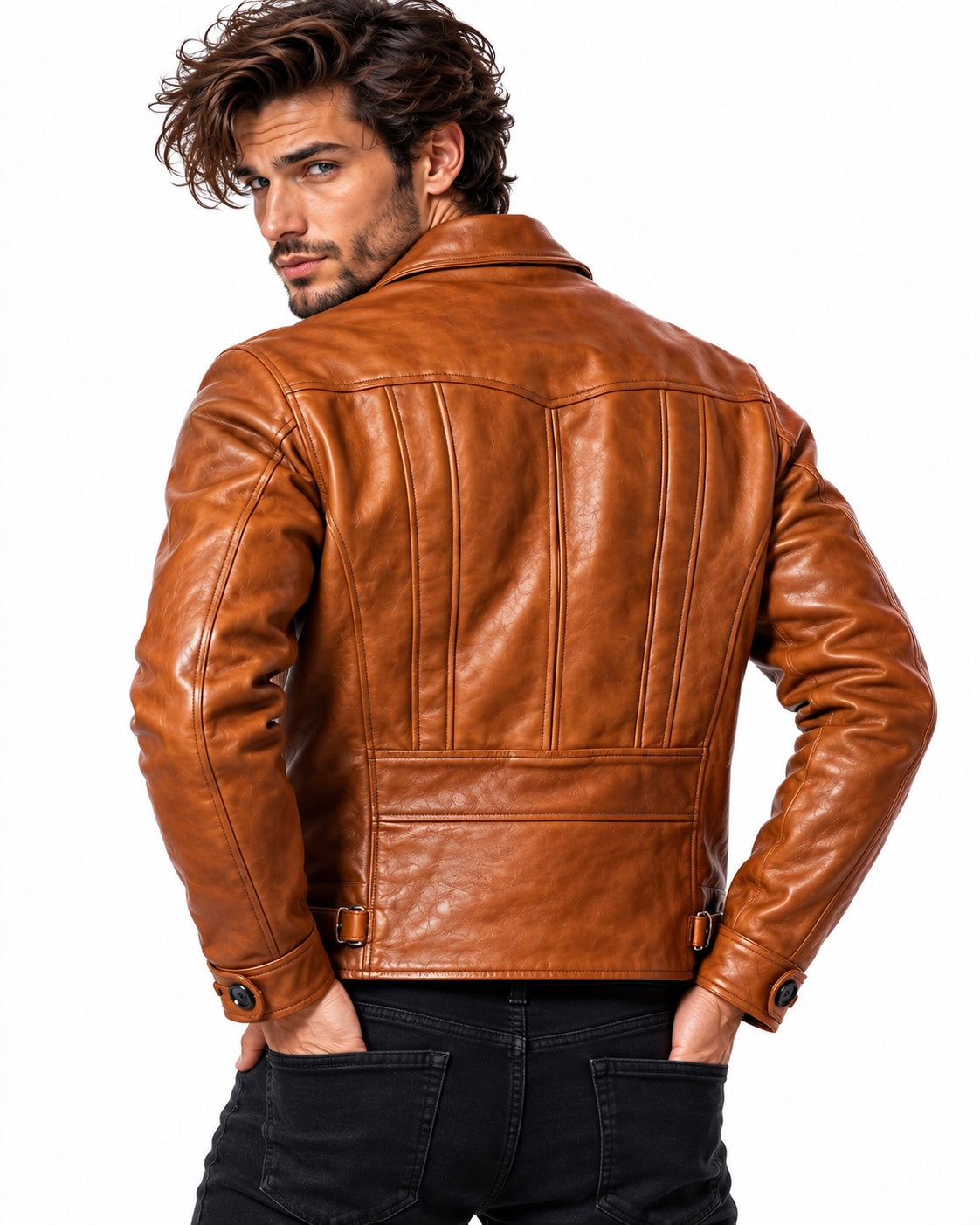 ROVIK men's cognac sheep leather moto jacket back three-quarter view