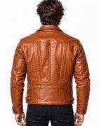 ROVIK men's cognac sheep leather moto jacket straight back view