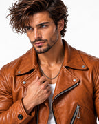 ROVIK cognac sheep leather moto jacket lapel and leather detail