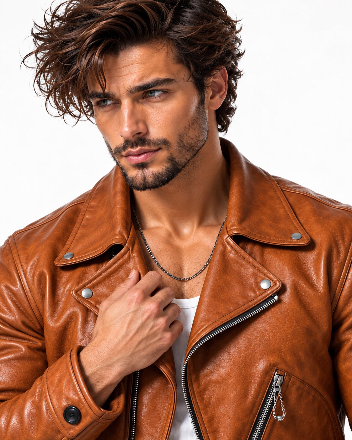 ROVIK cognac sheep leather moto jacket lapel and leather detail