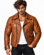 ROVIK men's cognac sheep leather moto jacket front open view