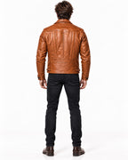 ROVIK men's cognac sheep leather moto jacket full-body back view