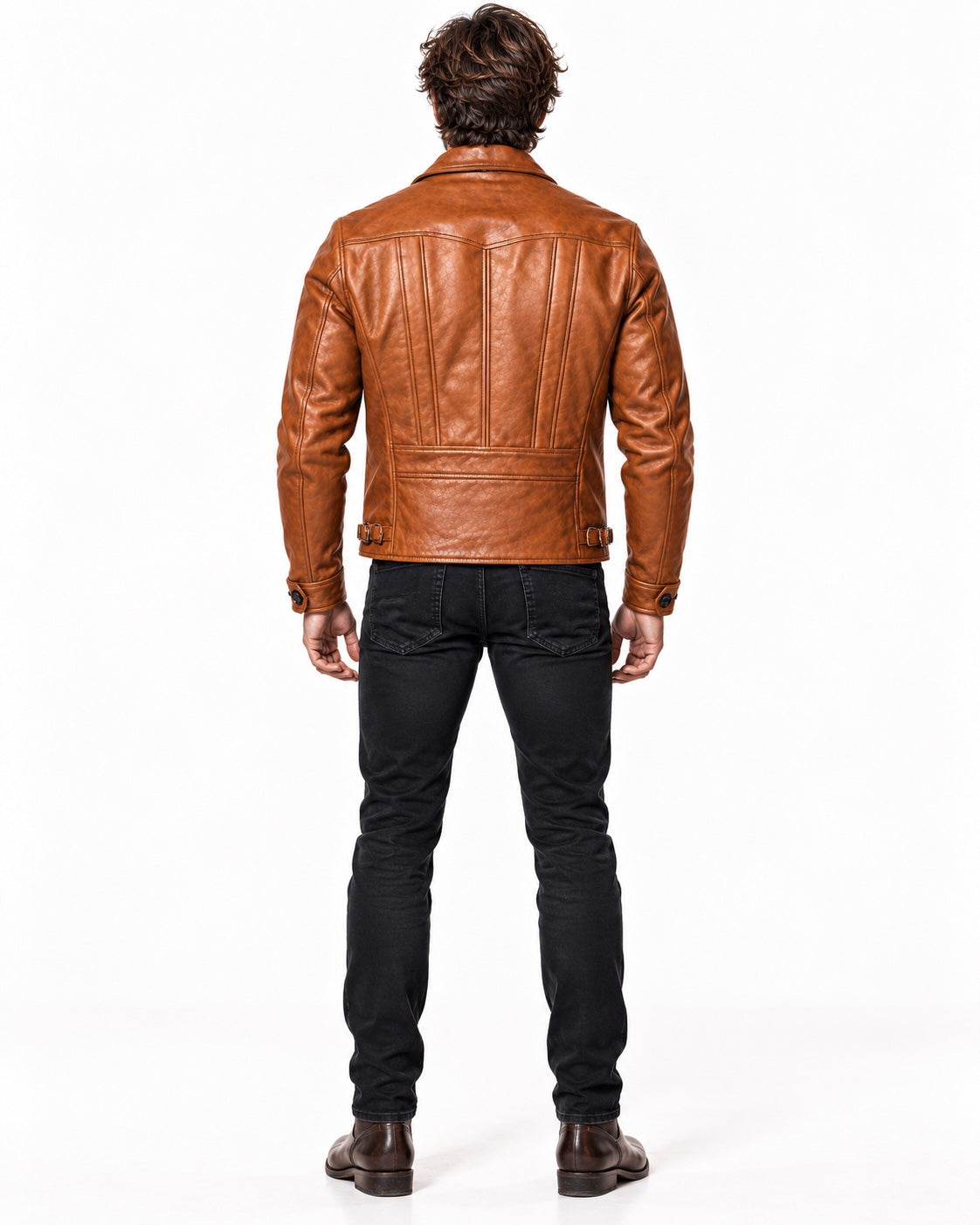 ROVIK men's cognac sheep leather moto jacket full-body back view