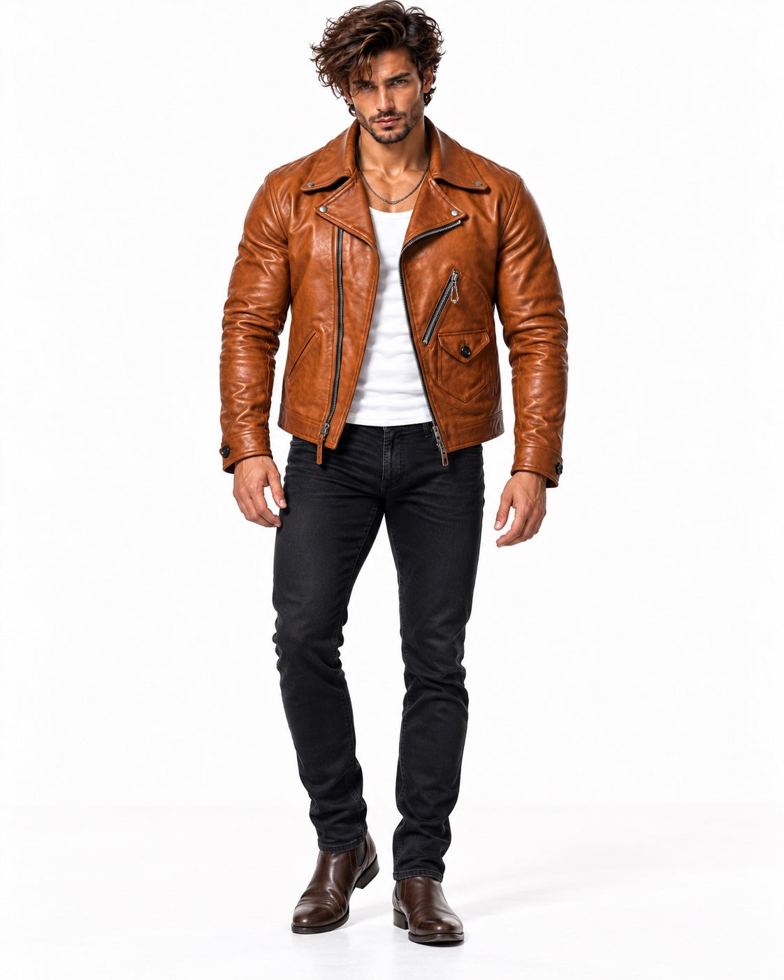 ROVIK men's cognac sheep leather moto jacket full-body front view