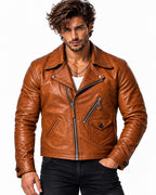 ROVIK men's cognac sheep leather moto jacket zipped front view