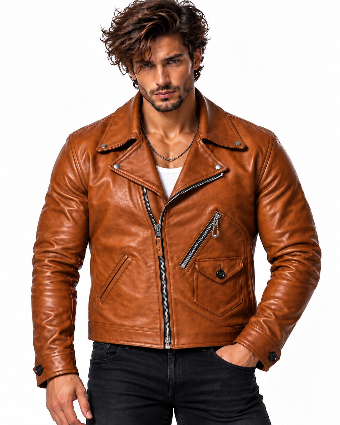 ROVIK men's cognac sheep leather moto jacket zipped front view